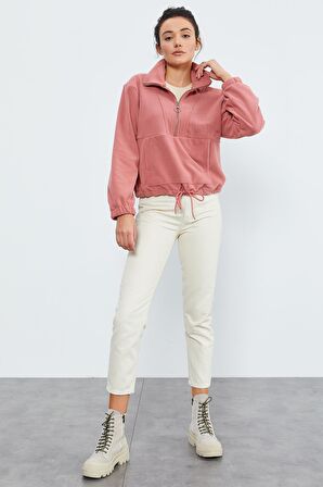 Yaban Gülü Yarım Fermuar Etek Ucu Büzgülü Kadın Polar Oversize Sweatshirt - 97171 | S