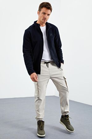 Lacivert Yazı Nakışlı Dik Yaka Fermuarlı Standart Kalıp Erkek Sweatshirt Polar - 87992 | XXL