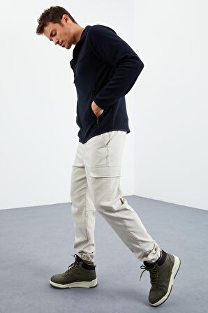 Lacivert Yazı Nakışlı Dik Yaka Fermuarlı Standart Kalıp Erkek Sweatshirt Polar - 87992 | XXL
