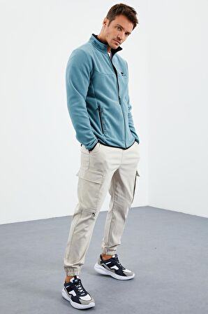 Mint Yeşili Yazı Nakışlı Dik Yaka Fermuarlı Standart Kalıp Erkek Sweatshirt Polar - 87992 | L