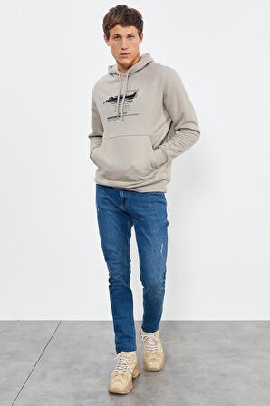 Koyu Bej Baskılı Kapüşonlu Kanguru Cep Rahat Form Erkek Sweatshirt - 88019 | XXL