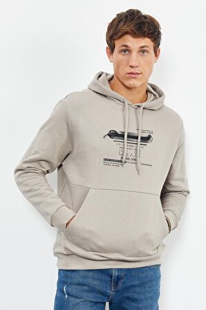 Koyu Bej Baskılı Kapüşonlu Kanguru Cep Rahat Form Erkek Sweatshirt - 88019 | XXL