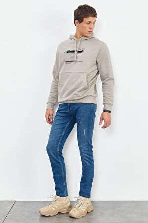 Koyu Bej Baskılı Kapüşonlu Kanguru Cep Rahat Form Erkek Sweatshirt - 88019 | XXL