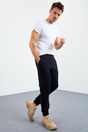 Lacivert Gizli Fermuarlı Rahat Form Lastik Paça Polar Erkek Eşofman Alt - 84866 | S