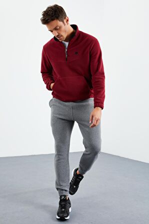 Gri Melanj Gizli Fermuarlı Rahat Form Lastik Paça Polar Erkek Eşofman Alt - 84866 | M