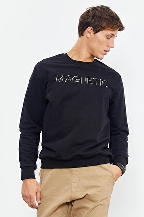 Siyah Yazı Nakışlı O Yaka Rahat Form Erkek Sweatshirt - 88020 | S