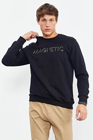 Siyah Yazı Nakışlı O Yaka Rahat Form Erkek Sweatshirt - 88020 | XXL