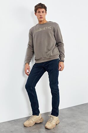 Camel Yazı Nakışlı O Yaka Rahat Form Erkek Sweatshirt - 88020 | XL