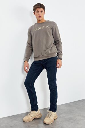 Camel Yazı Nakışlı O Yaka Rahat Form Erkek Sweatshirt - 88020 | XXL