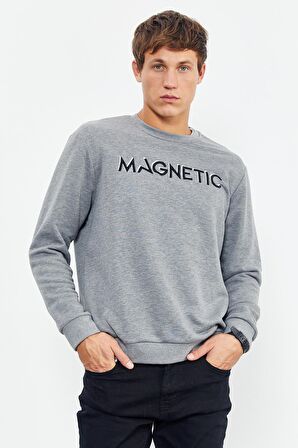 Gri Melanj Yazı Nakışlı O Yaka Rahat Form Erkek Sweatshirt - 88020 | M