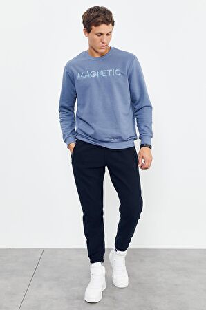 Petrol Yazı Nakışlı O Yaka Rahat Form Erkek Sweatshirt - 88020 | L