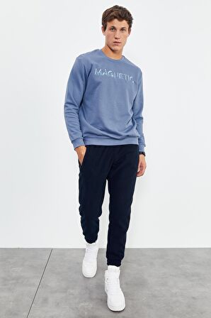 Petrol Yazı Nakışlı O Yaka Rahat Form Erkek Sweatshirt - 88020 | L