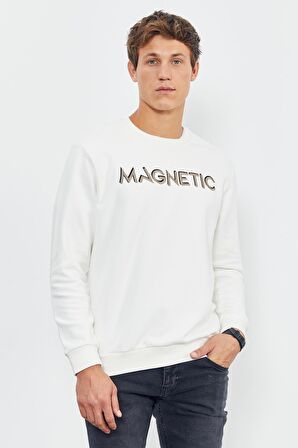 Ekru Yazı Nakışlı O Yaka Rahat Form Erkek Sweatshirt - 88020 | XL