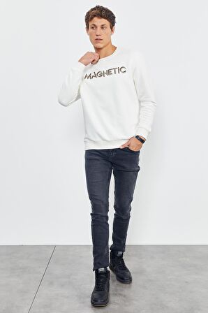 Ekru Yazı Nakışlı O Yaka Rahat Form Erkek Sweatshirt - 88020 | XL