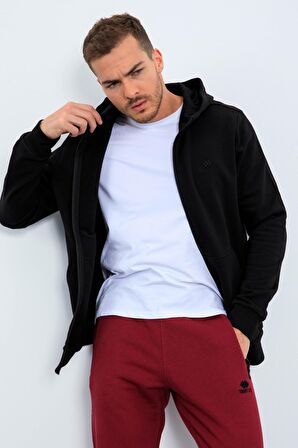 Siyah Basic Kapüşonlu Rahat Form Nakış Detaylı Fermuarlı Erkek Sweatshirt - 88035 | XXL