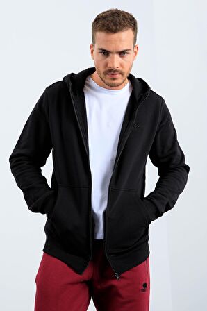 Siyah Basic Kapüşonlu Rahat Form Nakış Detaylı Fermuarlı Erkek Sweatshirt - 88035 | XXL