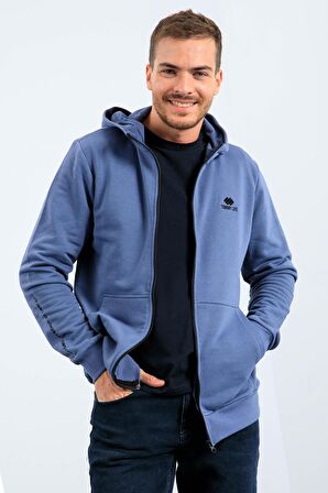 Petrol Basic Kapüşonlu Rahat Form Nakış Detaylı Fermuarlı Erkek Sweatshirt - 88035 | XXL