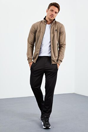 Camel - Siyah Dik Yaka Fermuarlı Standart Kalıp Klasik Paça Erkek Eşofman Takımı  - 85162 | XXL