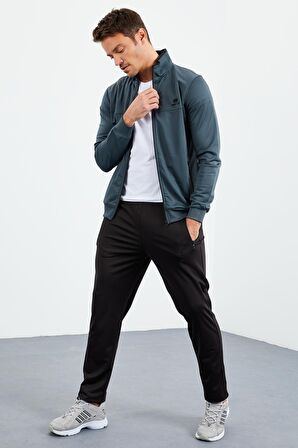 Orman Yeşil - Siyah Dik Yaka Fermuarlı Standart Kalıp Klasik Paça Erkek Eşofman Takımı  - 85162 | XL