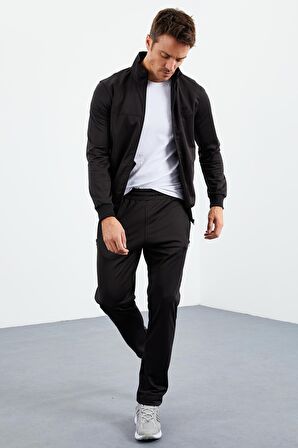 Siyah Dik Yaka Fermuarlı Standart Kalıp Klasik Paça Erkek Eşofman Takımı  - 85162 | M