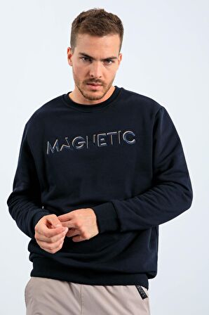 Lacivert Yazı Nakışlı O Yaka Rahat Form Erkek Sweatshirt - 88020 | S