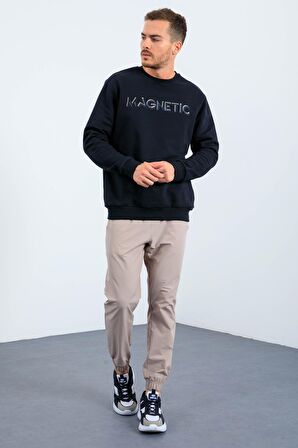 Lacivert Yazı Nakışlı O Yaka Rahat Form Erkek Sweatshirt - 88020 | S