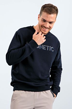 Lacivert Yazı Nakışlı O Yaka Rahat Form Erkek Sweatshirt - 88020 | S