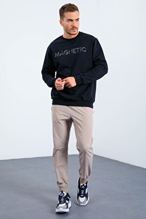 Lacivert Yazı Nakışlı O Yaka Rahat Form Erkek Sweatshirt - 88020 | S