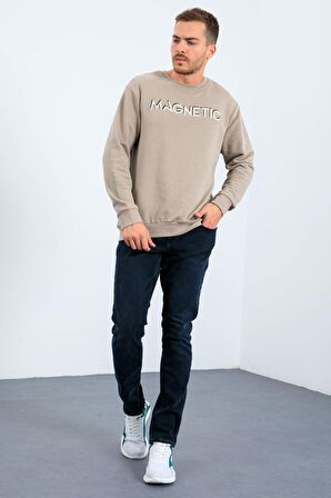 Koyu Bej Yazı Nakışlı O Yaka Rahat Form Erkek Sweatshirt - 88020 | S