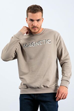 Koyu Bej Yazı Nakışlı O Yaka Rahat Form Erkek Sweatshirt - 88020 | S
