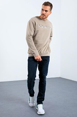 Koyu Bej Yazı Nakışlı O Yaka Rahat Form Erkek Sweatshirt - 88020 | S