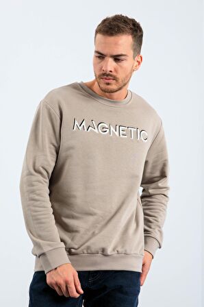 Koyu Bej Yazı Nakışlı O Yaka Rahat Form Erkek Sweatshirt - 88020 | XXL