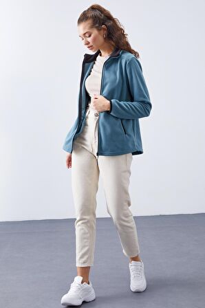 Mint Yeşili Dik Yaka Fermuarlı Rahat Form Kadın Polar Sweatshirt - 97173 | S