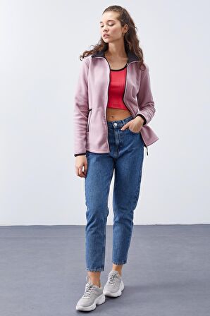 Gül Kurusu Dik Yaka Fermuarlı Rahat Form Kadın Polar Sweatshirt - 97173 | M