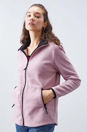 Gül Kurusu Dik Yaka Fermuarlı Rahat Form Kadın Polar Sweatshirt - 97173 | S
