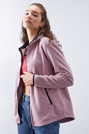 Gül Kurusu Dik Yaka Fermuarlı Rahat Form Kadın Polar Sweatshirt - 97173 | S