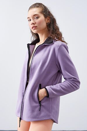 Eflatun Dik Yaka Fermuarlı Rahat Form Kadın Polar Sweatshirt - 97173 | L