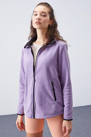 Eflatun Dik Yaka Fermuarlı Rahat Form Kadın Polar Sweatshirt - 97173 | L