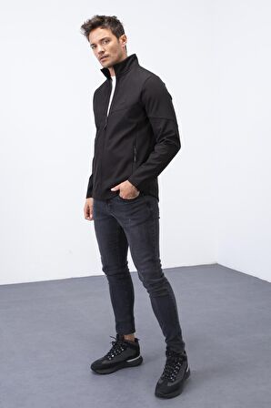 Siyah Fermuarlı Dik Yaka Su ve Rüzgar Geçirmez Softshell Erkek Mont - 88050 | L