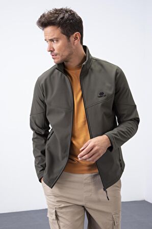 Haki Fermuarlı Dik Yaka Su ve Rüzgar Geçirmez Softshell Erkek Mont - 88050 | M