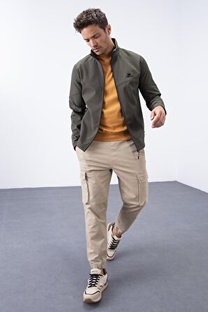 Haki Fermuarlı Dik Yaka Su ve Rüzgar Geçirmez Softshell Erkek Mont - 88050 | M