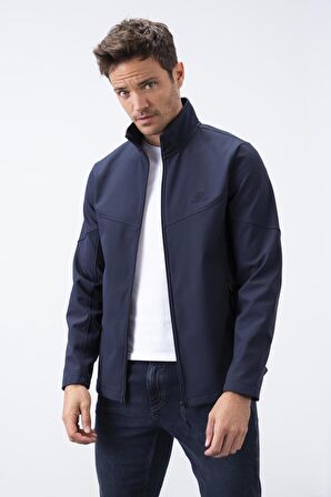 Lacivert Fermuarlı Dik Yaka Su ve Rüzgar Geçirmez Softshell Erkek Mont - 88050 | XL