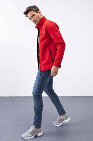 Kırmızı Fermuarlı Dik Yaka Su ve Rüzgar Geçirmez Softshell Erkek Mont - 88050 | M