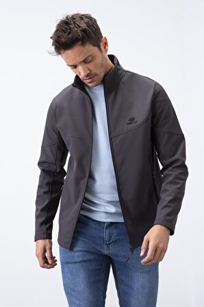 Antrasit Fermuarlı Dik Yaka Su ve Rüzgar Geçirmez Softshell Erkek Mont - 88050 | S