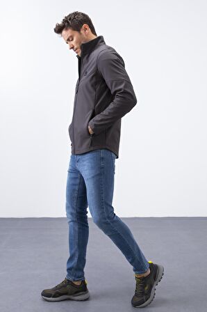Antrasit Fermuarlı Dik Yaka Su ve Rüzgar Geçirmez Softshell Erkek Mont - 88050 | XL
