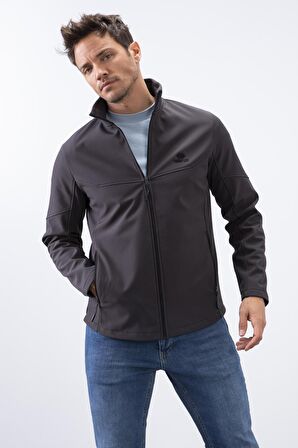 Antrasit Fermuarlı Dik Yaka Su ve Rüzgar Geçirmez Softshell Erkek Mont - 88050 | XXL