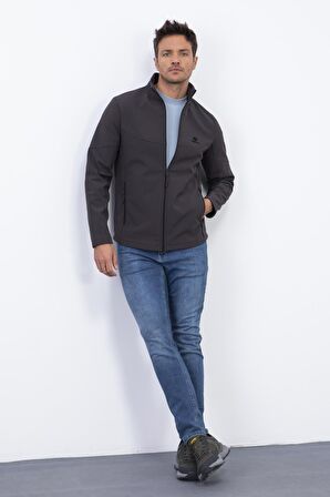 Antrasit Fermuarlı Dik Yaka Su ve Rüzgar Geçirmez Softshell Erkek Mont - 88050 | XXL