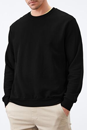 Siyah Basic O Yaka Rahat Form Erkek Sweatshirt - 88053 | XXL