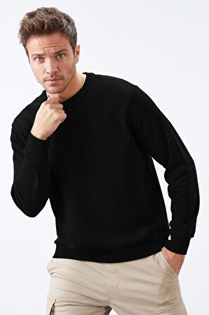 Siyah Basic O Yaka Rahat Form Erkek Sweatshirt - 88053 | XXL