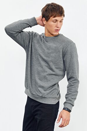 Gri Melanj Basic O Yaka Rahat Form Erkek Sweatshirt - 88053 | L